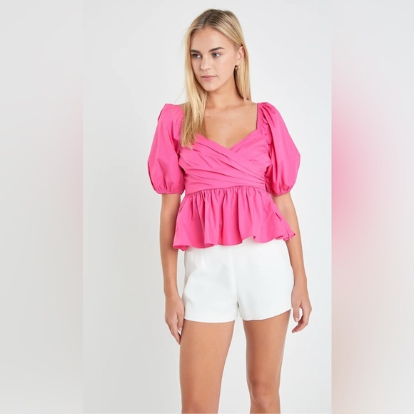 English Factory Fuchsia Puff Sleeve Peplum Blouse NWT - Picture 1 of 9